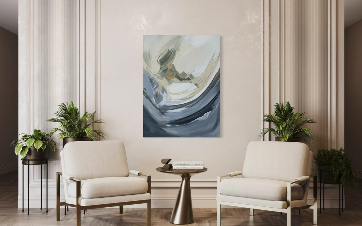 Large blue and gold abstract between two armchairs