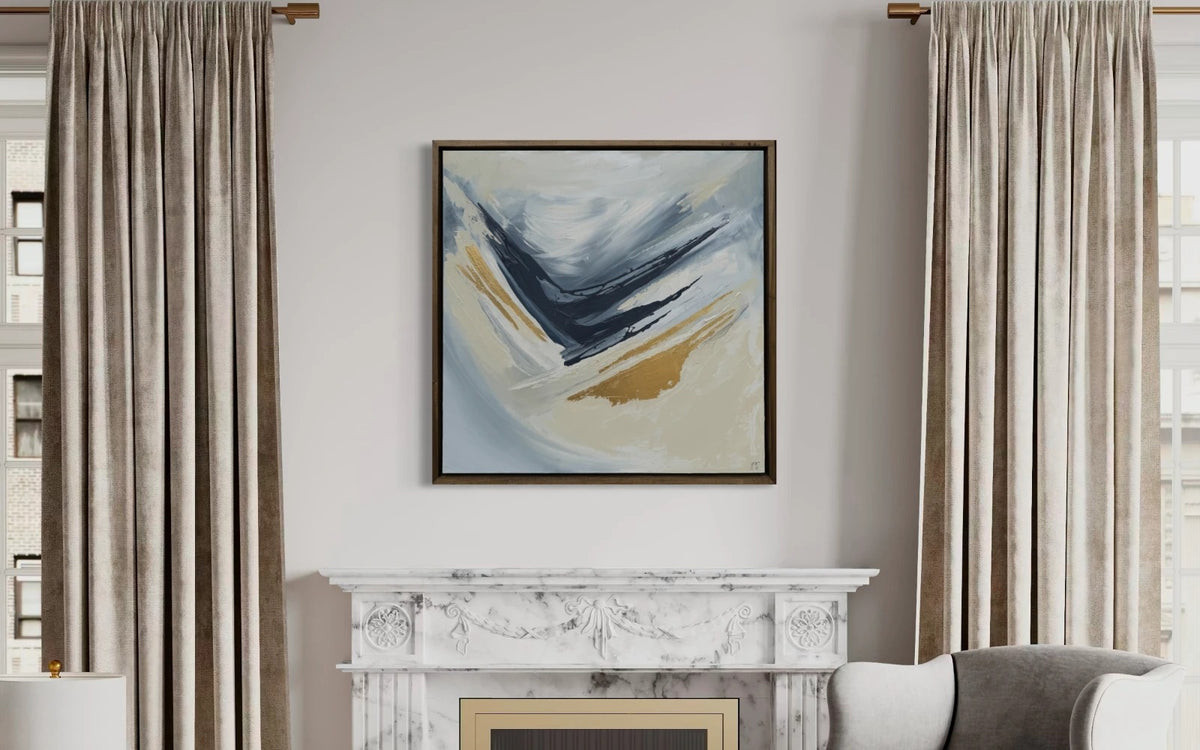 Framed abstract above a marble fireplace